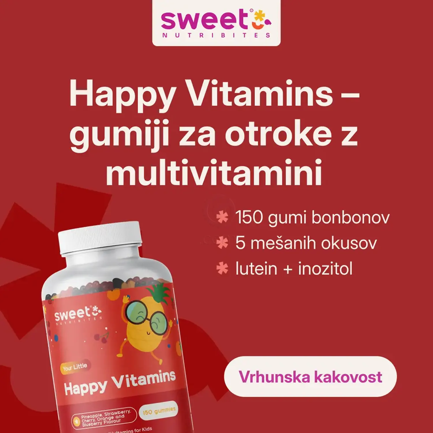 Sweet Nutribites Happy Vitamins - 11 vitaminov in mineralov, lutein in inozitol v gumi bonbonih za otroke