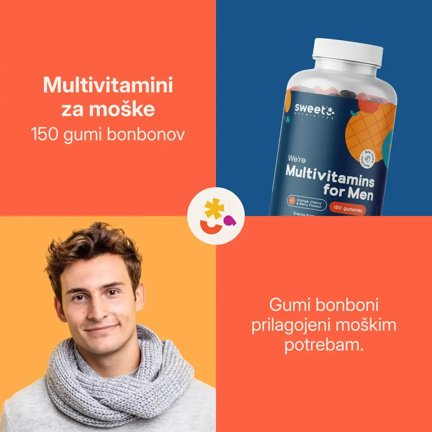 Sweet Nutribites Multivitamini za moske - vitamin C 75 mg, vitamin A 1200 µg, vitamin D3 10 µg, cink, selen, jod na dnevni odmerek