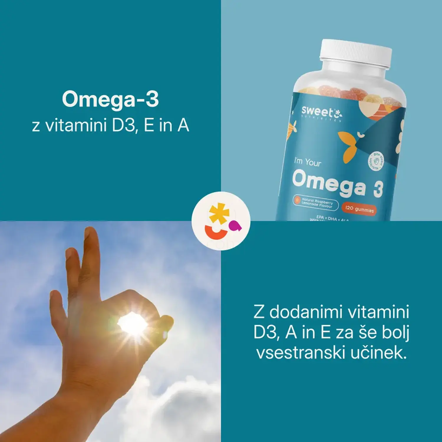 Sweet Nutribites Omega-3 gumi bonboni - 100 mg omega-3 z EPK, DHK in ALA na dnevni odmerek