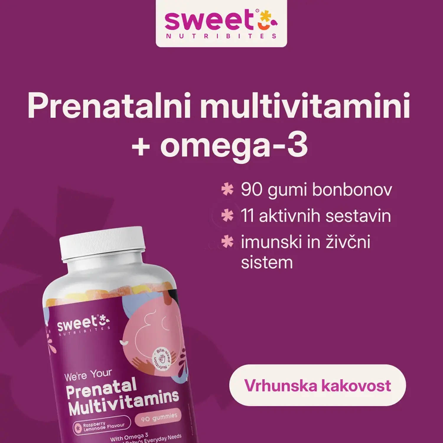 Sweet Nutribites Prenatalni multivitamini + omega-3, gumijasti bonboni (90 bonbonov)