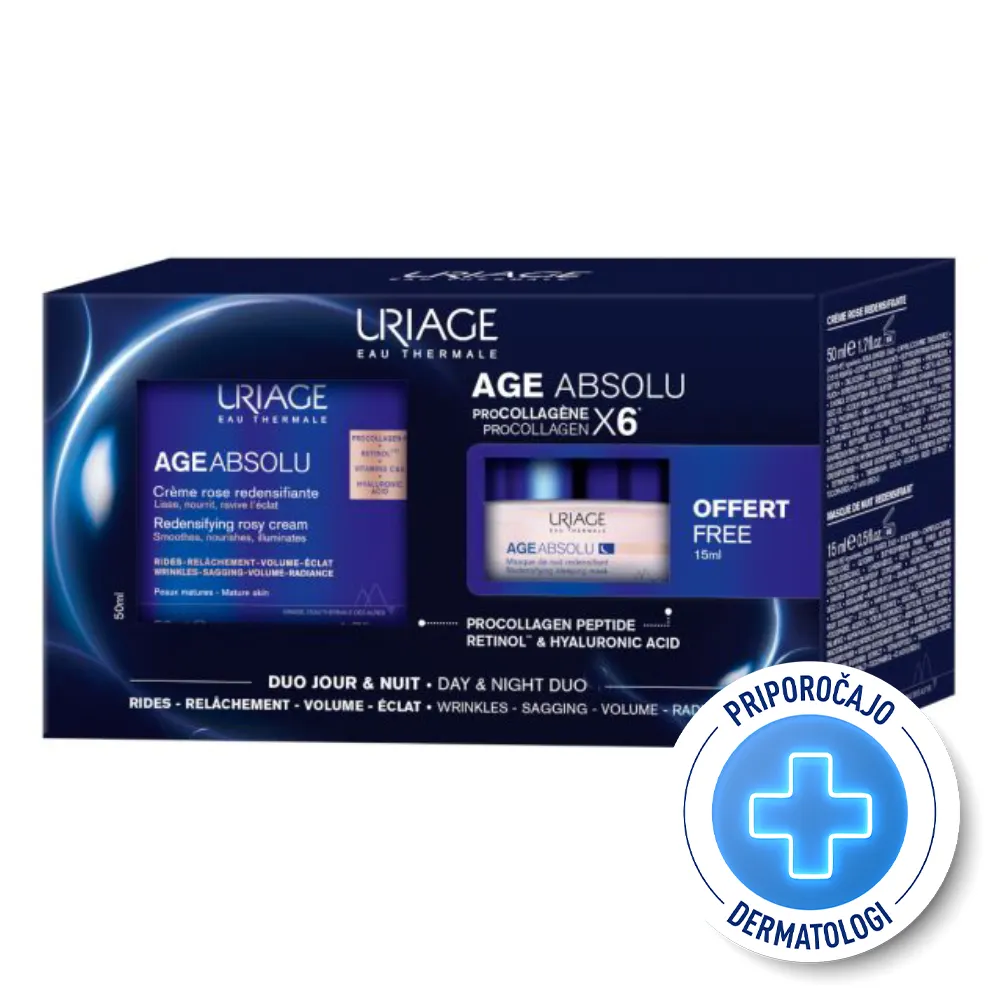 Uriage Age Absolu, paket - roza krema in nočna maska za zrelo kožo (50 ml + 15 ml)