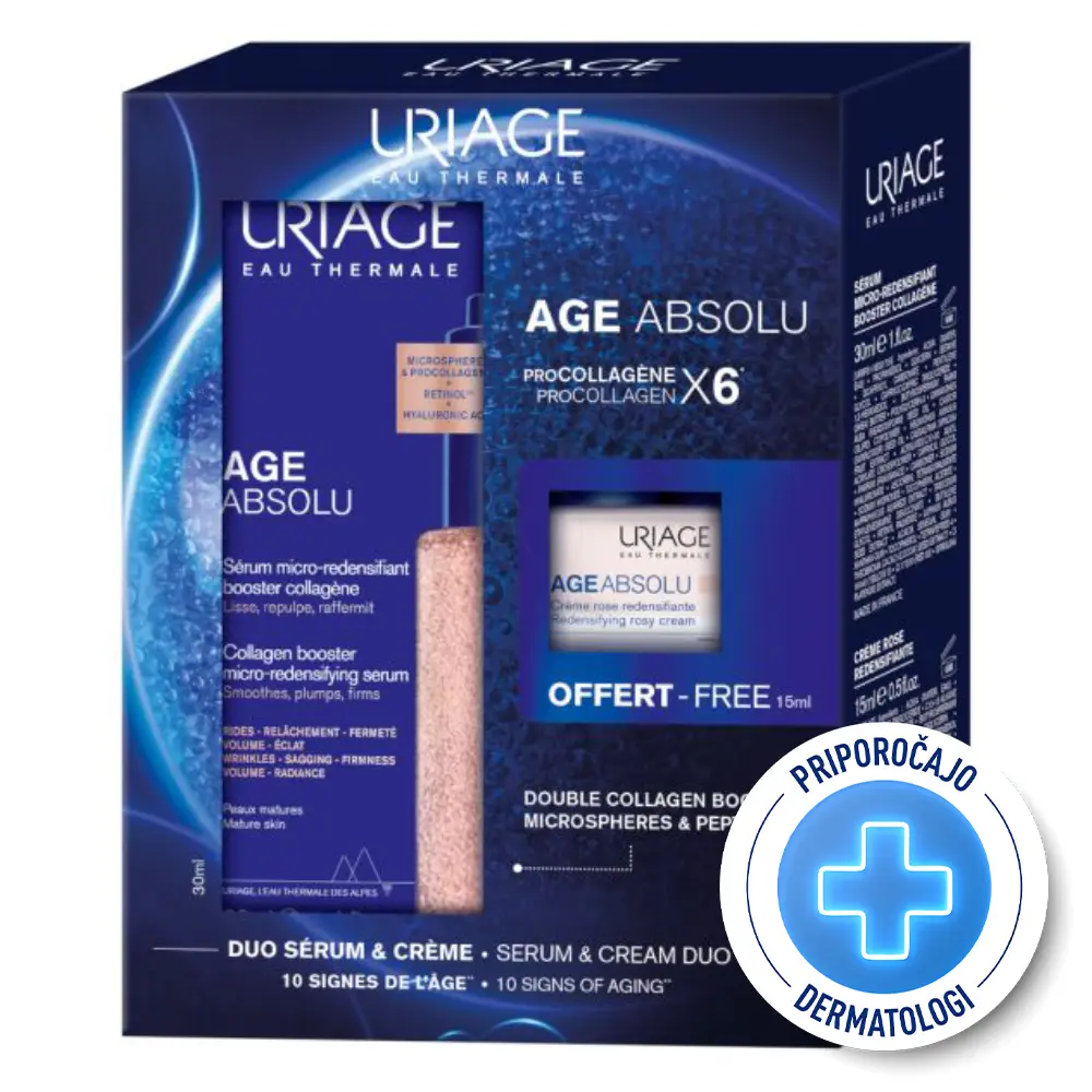 Uriage Age Absolu, paket - serum in roza krema za zrelo kožo (30 ml + 15 ml)
