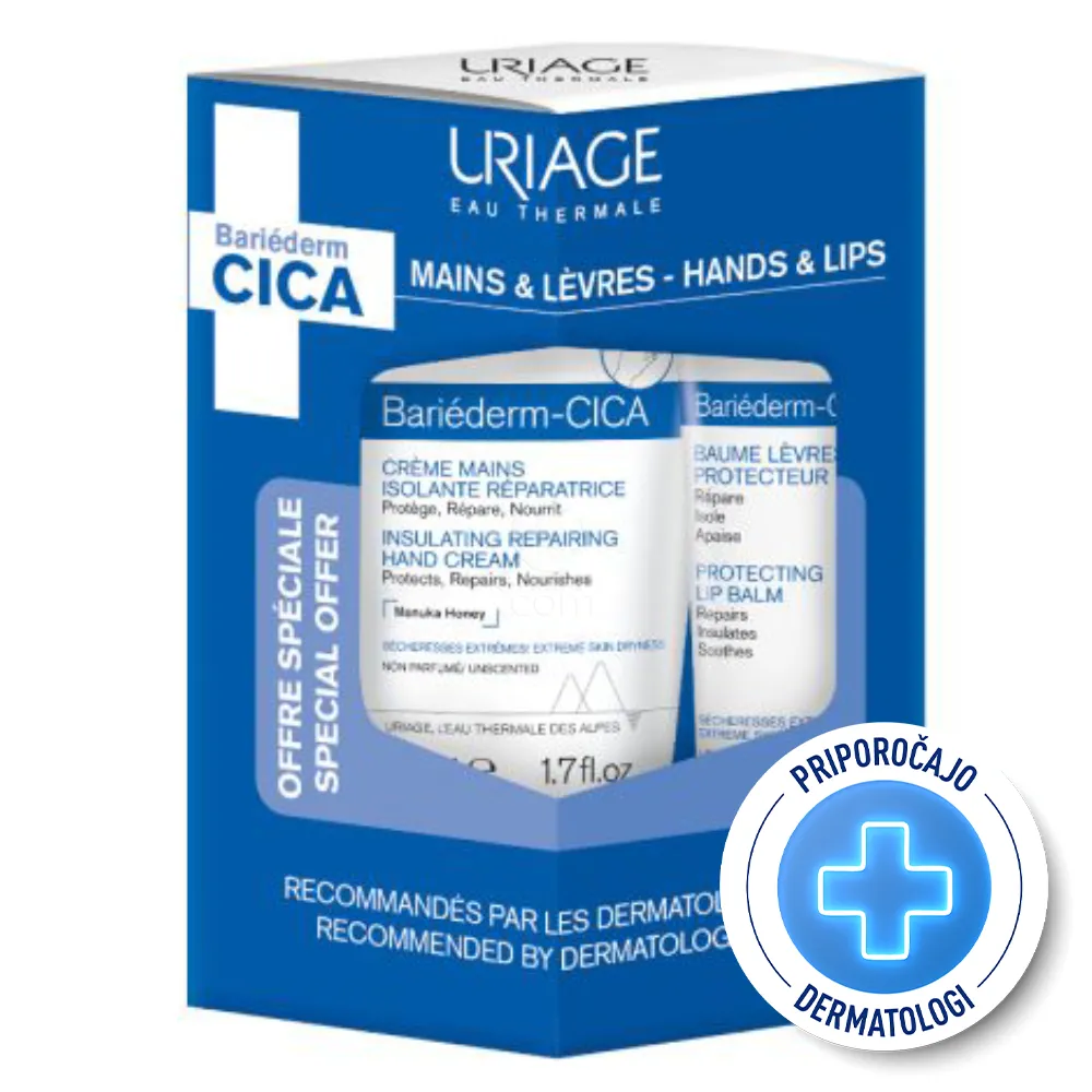 Uriage Bariederm Cica, paket - krema za roke in balzam za ustnice (50 ml + 15 ml)