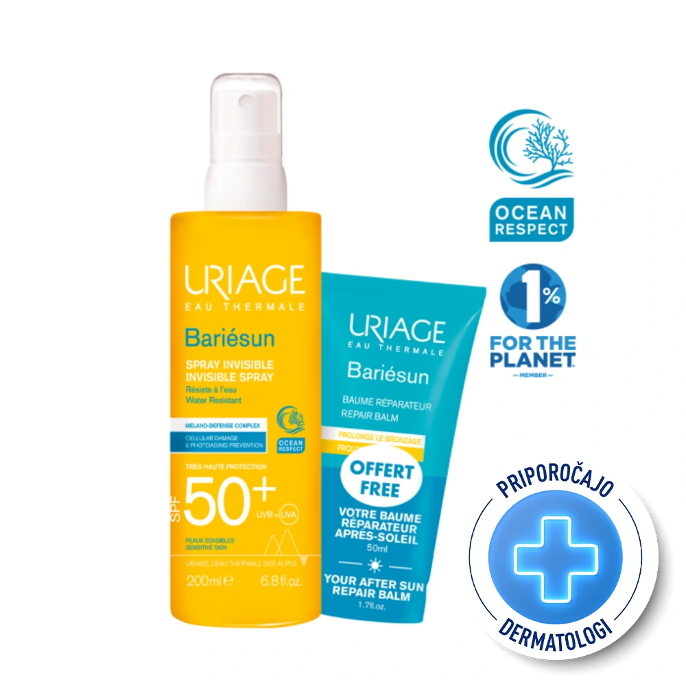 Uriage Bariesun, mleko v spreju za zaščito pred soncem - ZF50+ in pomirjujoči balzam po sončenju (200 ml + 50 ml)