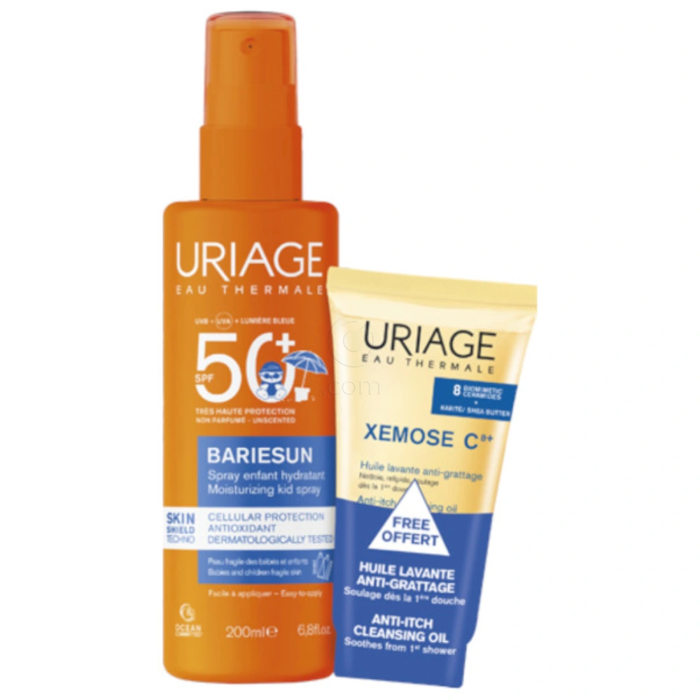 Uriage Bariesun, paket otroško mleko za zaščito pred soncem - ZF50+ in Xemose C8+ čistilno olje (200 ml + 50 ml)