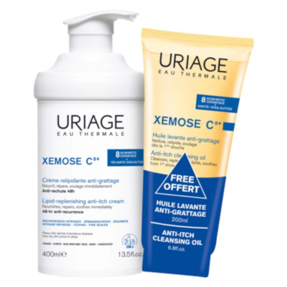 Uriage Xemose C8+, paket - emolientna krema in olje za umivanje (400 ml + 200 ml)