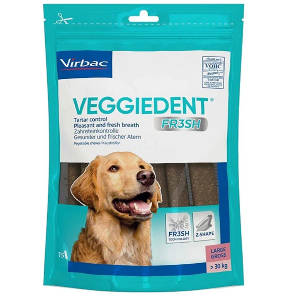 VeggieDent Fresh Virbac, okusne žvečljive palčke za velike pse nad 30 kg za nadzor nad zobnim kamnom & zobnimi oblogami (15 palčk)