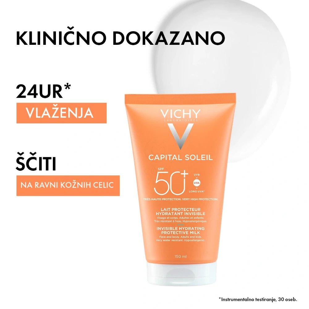 Vichy Capital Soleil, nevidno vlažilno mleko za obraz in telo - ZF50+ (150 ml)