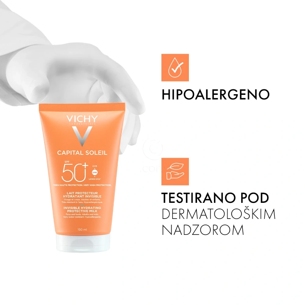 Vichy Capital Soleil, nevidno vlažilno mleko za obraz in telo - ZF50+ (150 ml)