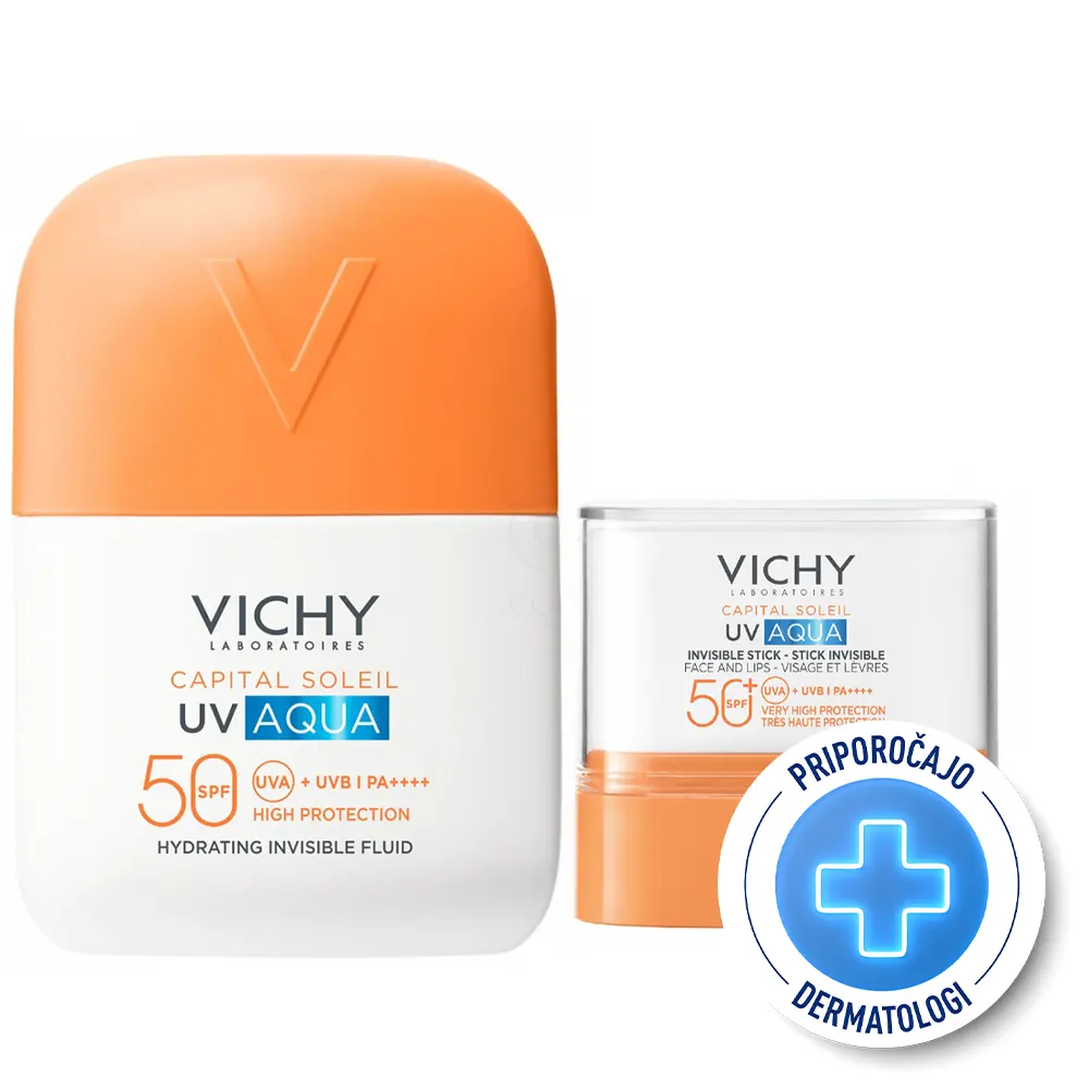 Vichy Capital Soleil, paket - nevidni UV Aqua fluid ZF50+ + stik ZF50 (50 ml + 9 g)