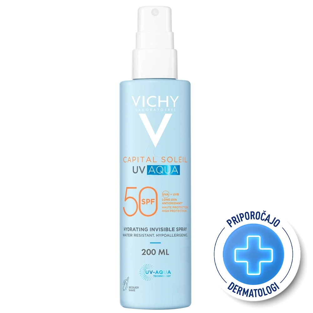 Vichy Capital Soleil UV Aqua, nevidno vlažilno pršilo za obraz in telo - ZF50 (200 ml)