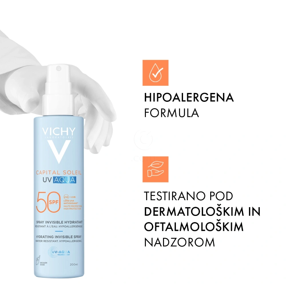Vichy Capital Soleil UV Aqua, nevidno vlažilno pršilo za obraz in telo - ZF50 (200 ml)