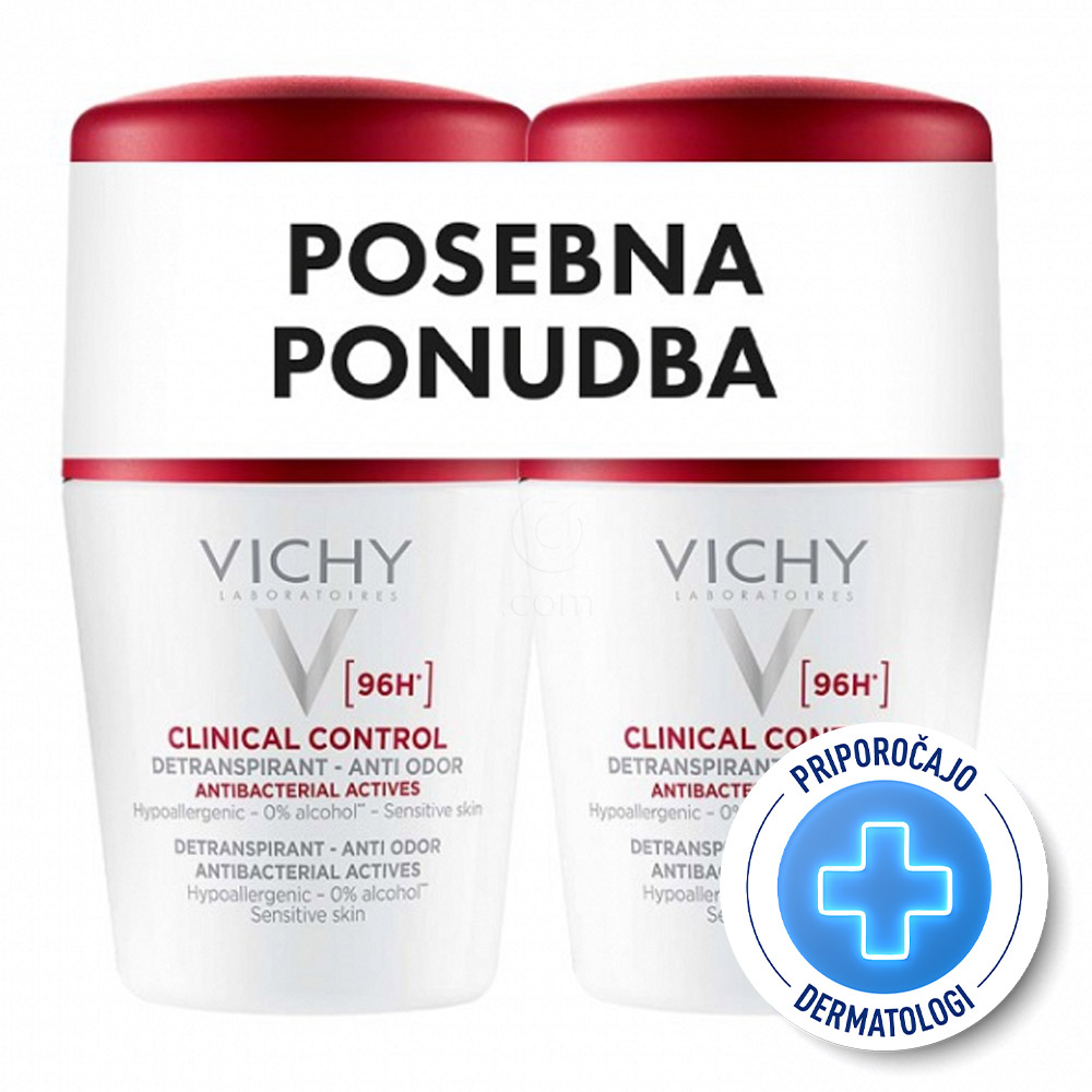Vichy Clinical Control 96h Detranspirant, roll-on dezodorant proti neprijetnemu vonju - paket (2 x 50 ml)