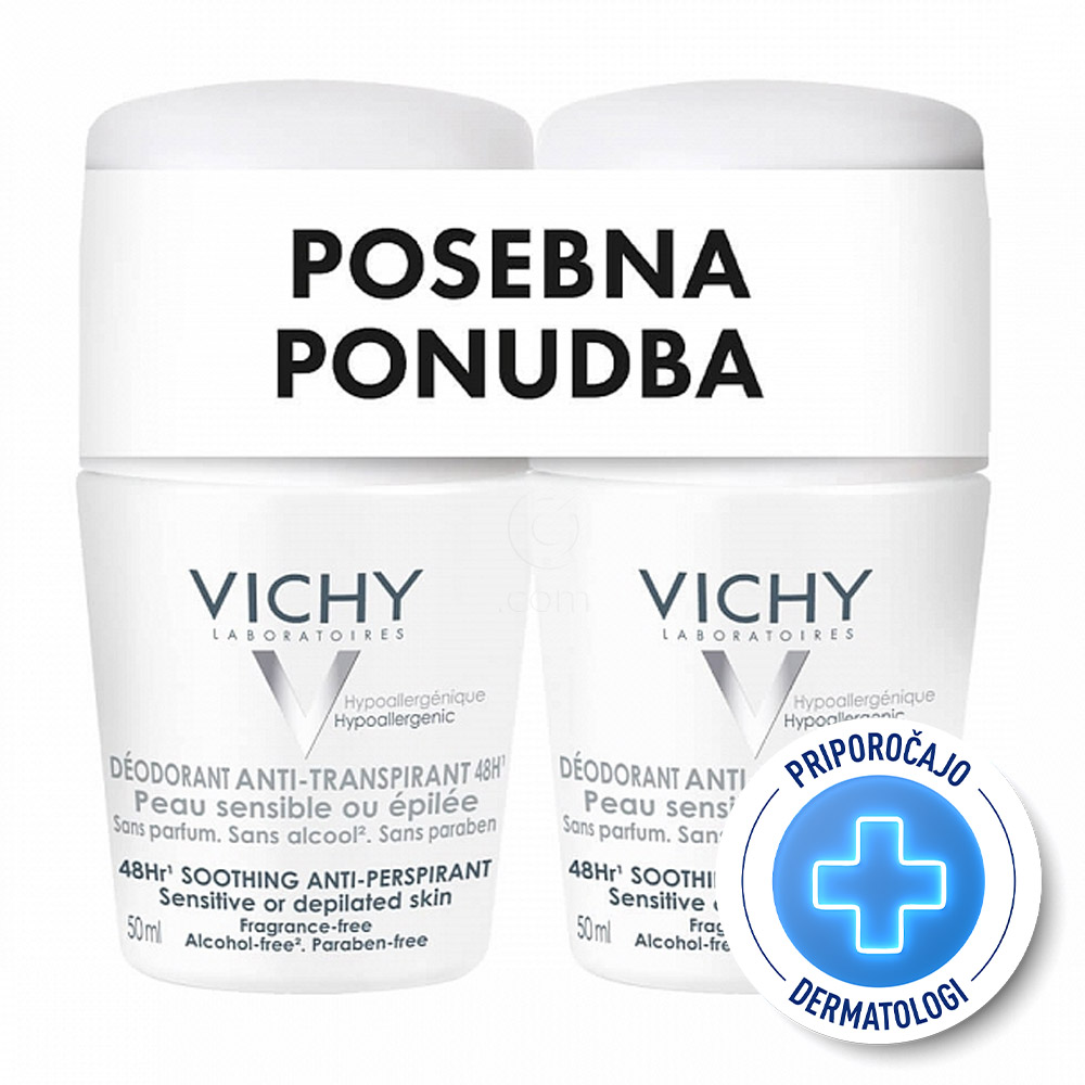 Vichy Deo, deodorant 48-urni antitranspirant za občutljivo in depilirano kožo - paket (2 x 50 ml)