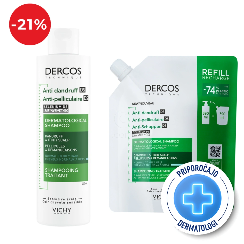 Vichy Dercos, protokol šampon proti prhljaju za mastno lasišče + eko polnilo za mastno lasišče (200 ml + 390 ml)