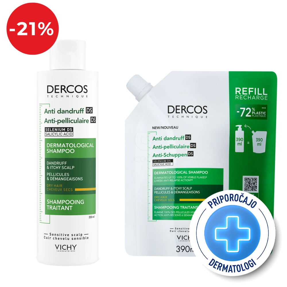 Vichy Dercos, protokol - šampon proti prhljaju za suho lasišče + eko polnilo za suho lasišče (200 ml + 390 ml)