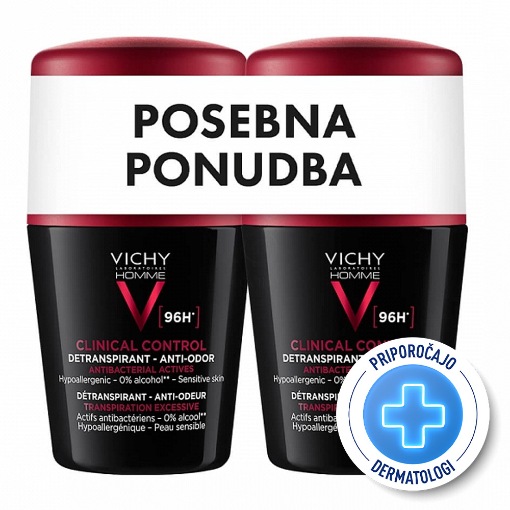 Vichy Homme Clinical Control 96h, detranspirant roll-on proti neprijetnemu vonju (2 x 50 ml)