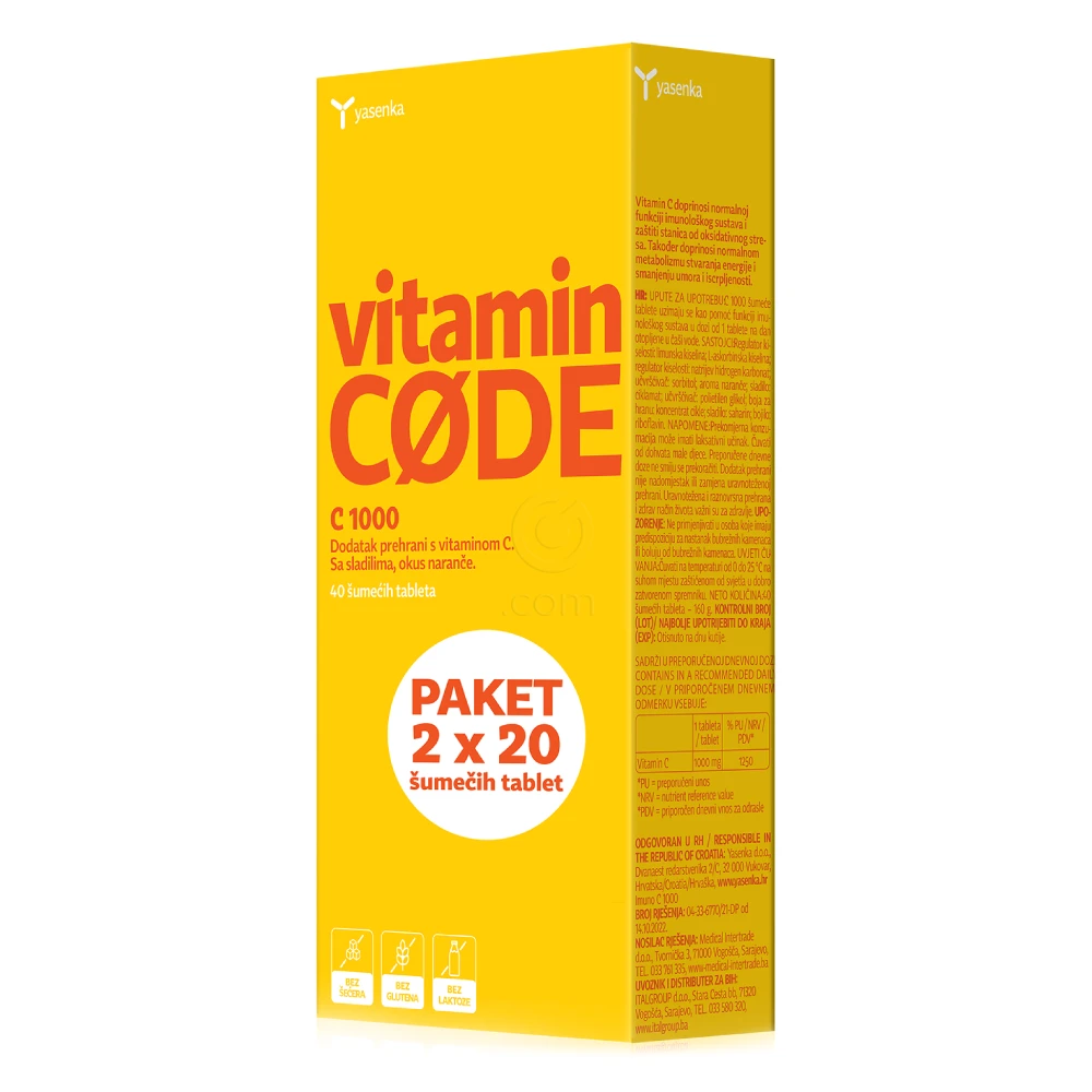 Yasenka Vitamin Code C 1000, paket ( 2 x 20 šumečih tablet)