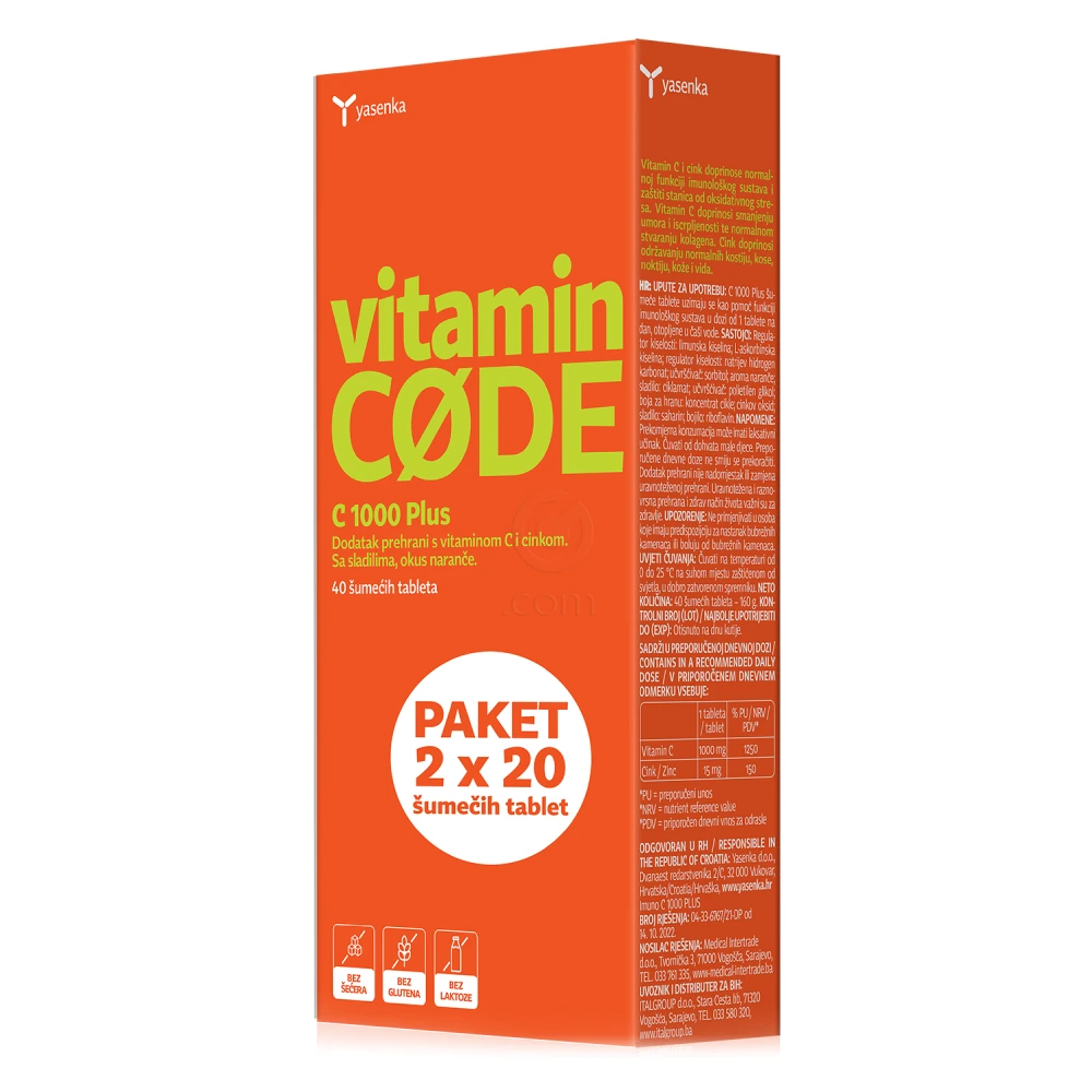 Yasenka Vitamin Code C 1000 Plus - paket (2 x 20 šumečih tablet)