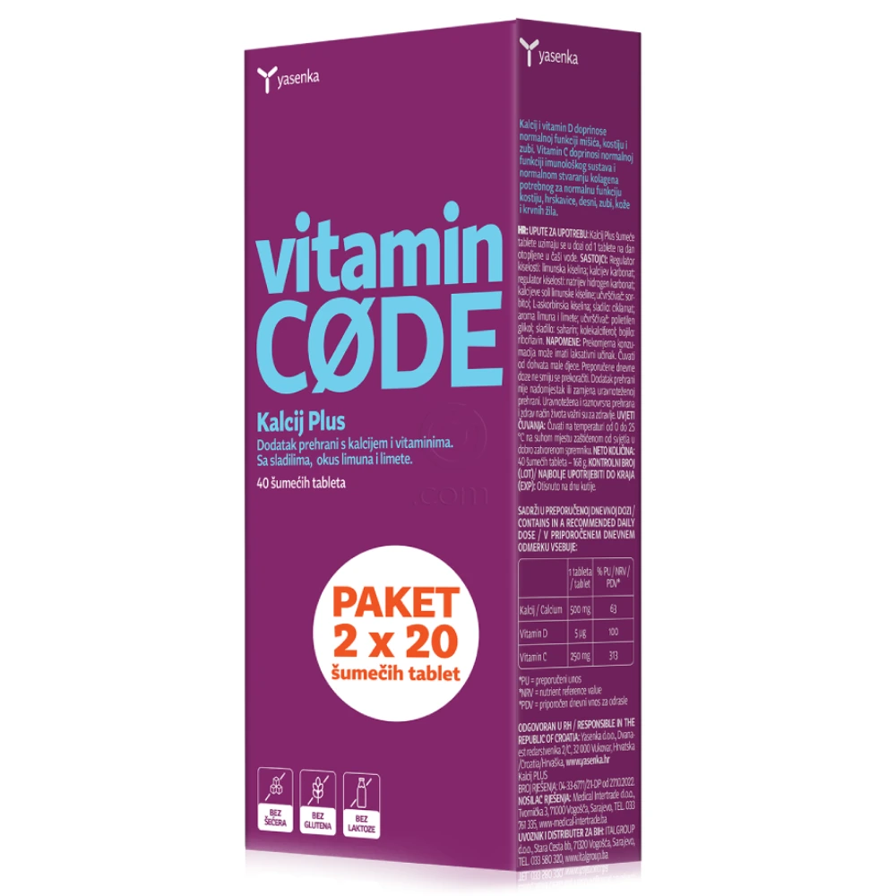 Yasenka Vitamin Code Kalcij Plus, - paket (2 x 20 šumečih tablet)