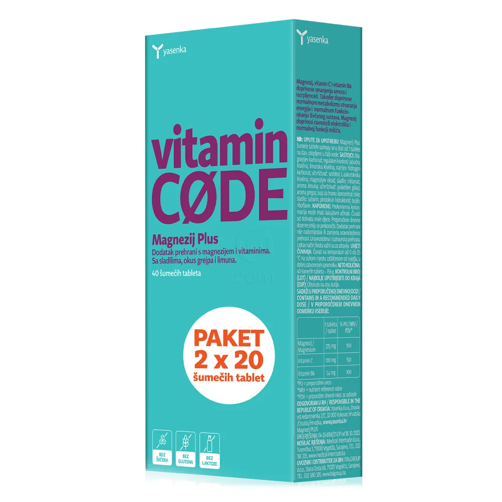 Yasenka Vitamin Code Magnezij Plus - paket (2 x 20 šumečih tablet)