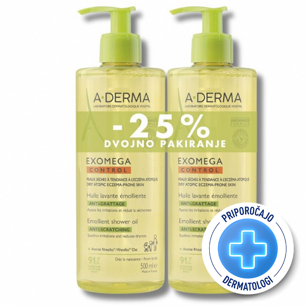 A-Derma Exomega Control, emolientno čistilno olje za tuširanje za atopijsko kožo (2 x 500 ml)