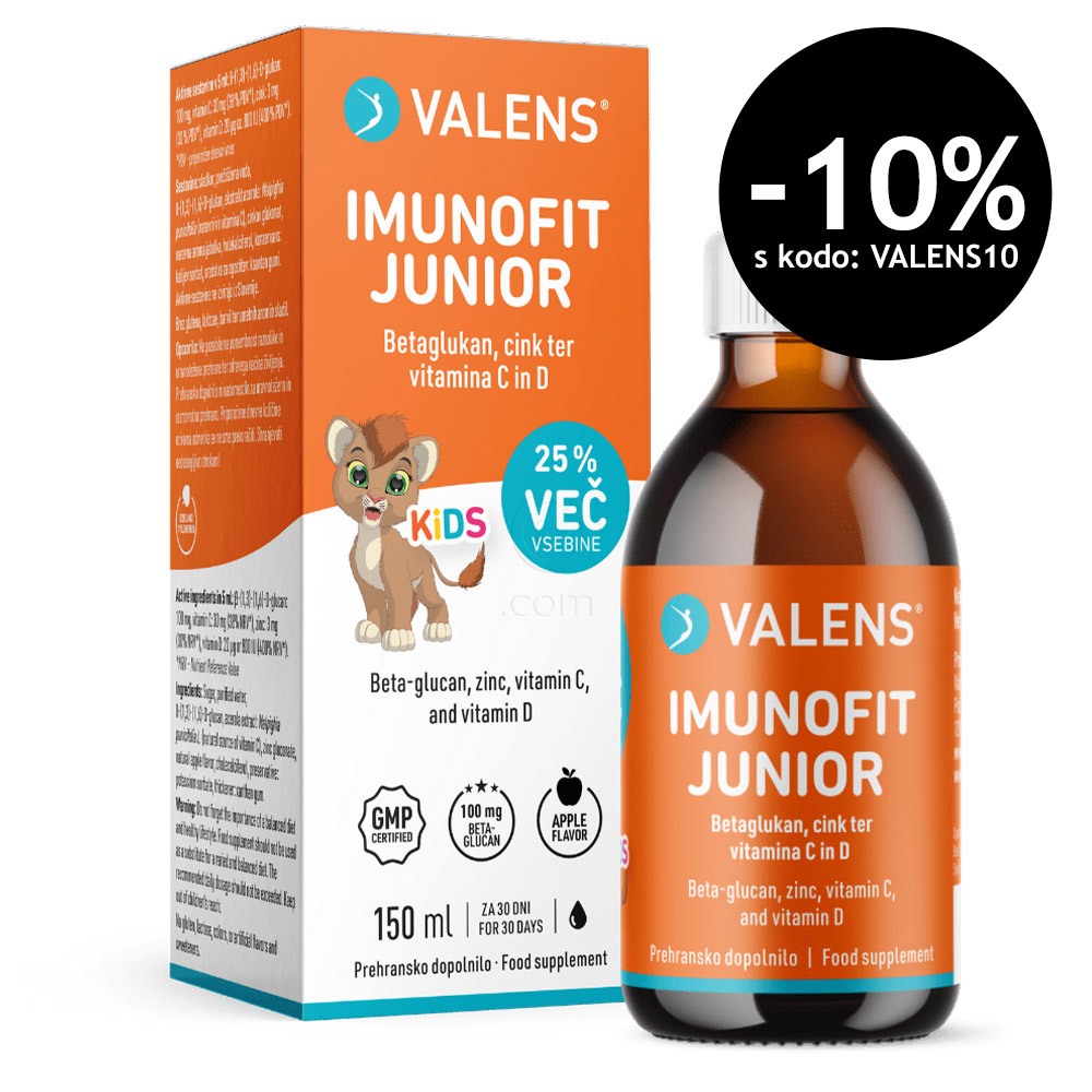 Valens Imunofit Junior, tekočina z beta-glukani, cinkom in vitaminoma C in D (150 ml)