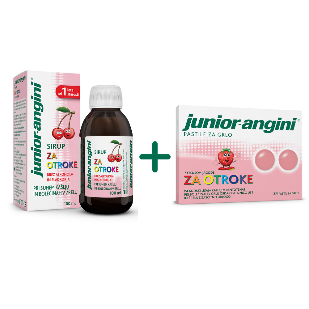 junior-angini, sirup za boleče grlo in dražeč kašelj za otroke z okusom češnje (100 ml)
