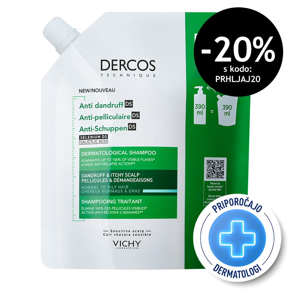 Vichy Dercos, šampon proti prhljaju za normalne in mastne lase - eko refill (390 ml)
