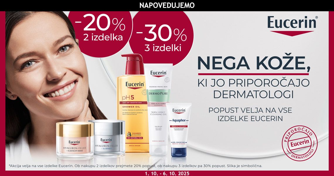 Napovedujemo: Vsi izdelki Eucerin vam bodo na voljo do 30% ugodneje (velja tudi za pakete).
