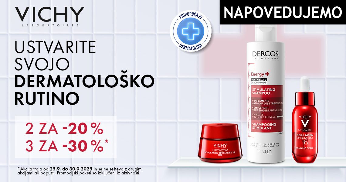 Napovedujemo: Ob nakupu 2 izdelkov Vichy boste prejeli 20% popust, ob nakupu 3 ali več izdelkov pa kar 30% popust.