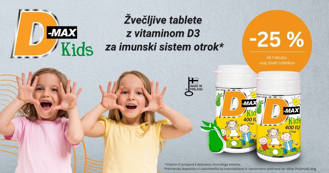 Ob nakupu 2 ali več izdelkov Vitabalans D-Max Kids prejmete kar 25% popust.