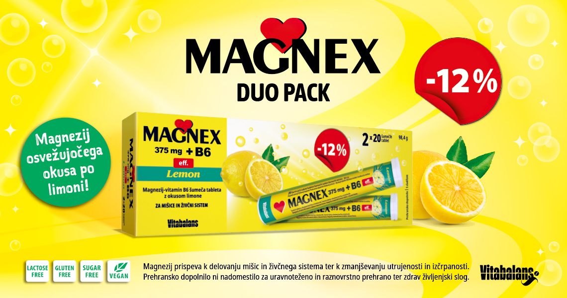 Magnex 375 mg + B6 Vitabalans, šumeče tablete - paket (2 x 20 šumečih tablet) vam je na voljo 12% ugodneje.