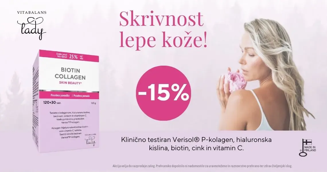 Skin Beauty Biotin Collagen Vitabalans Lady paket vam je na voljo 15% ugodneje.